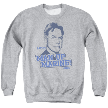 Athletic heather men's crewneck sweatshirt with NCIS Man Up graphic