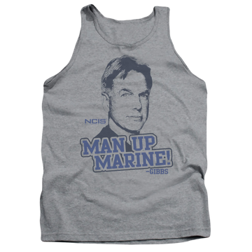 Athletic heather men's tank with NCIS Man Up graphic