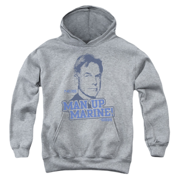 Athletic heather youth hoodie for ages 8 to 12 with NCIS Man Up graphic