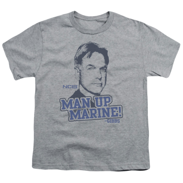 Athletic heather youth t-shirt for ages 8 to 12 with NCIS Man Up graphic
