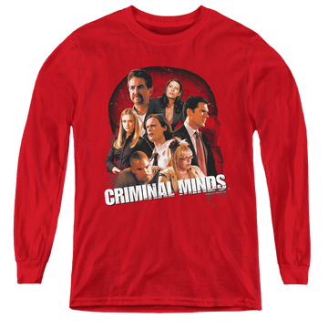Red youth long sleeve t-shirt with Criminal Minds Brain Trust graphic
