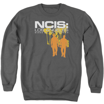 Charcoal men's crewneck sweatshirt with NCIS Los Angeles Slow Walk graphic