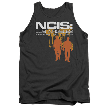 Charcoal men's tank with NCIS Los Angeles Slow Walk graphic
