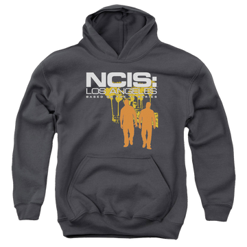 Charcoal youth hoodie for ages 8 to 12 with NCIS Los Angeles Slow Walk graphic