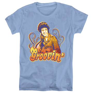 Carolina blue women's t-shirt with Brady Bunch Groovin graphic