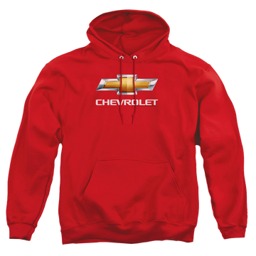 Red pullover hoodie with Chevrolet Chevy Bowtie Stacked graphic