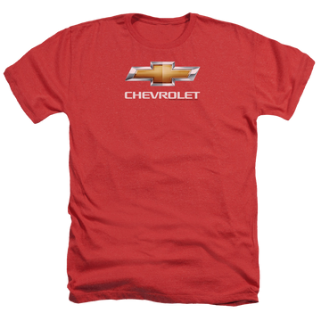 Red men's heather t-shirt with Chevrolet Chevy Bowtie Stacked graphic