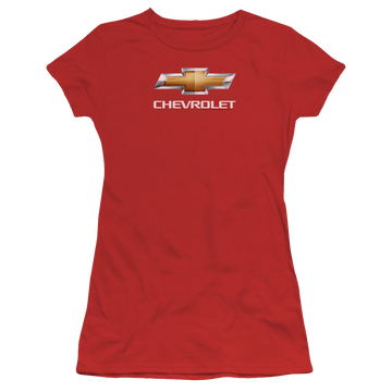 Red juniors t-shirt with Chevrolet Chevy Bowtie Stacked graphic