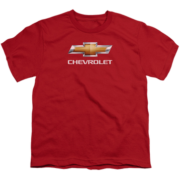 Red youth t-shirt for ages 8 to 12 with Chevrolet Chevy Bowtie Stacked graphic