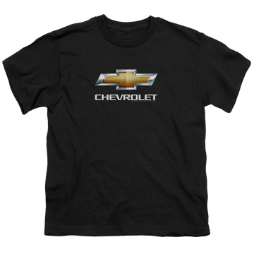 Black youth t-shirt for ages 8 to 12 with Chevrolet Chevy Bowtie Stacked graphic