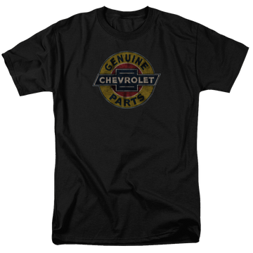 Black men's regular fit t-shirt with Chevrolet Genuine Chevy Parts Distressed Sign graphic