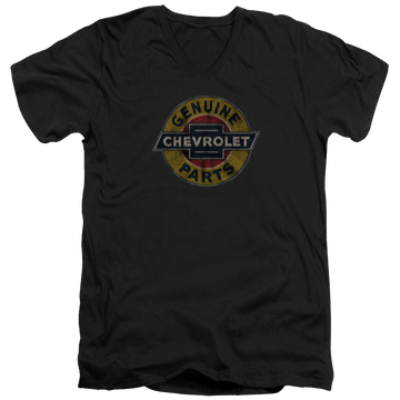 Black men's v-neck t-shirt with Chevrolet Genuine Chevy Parts Distressed Sign graphic