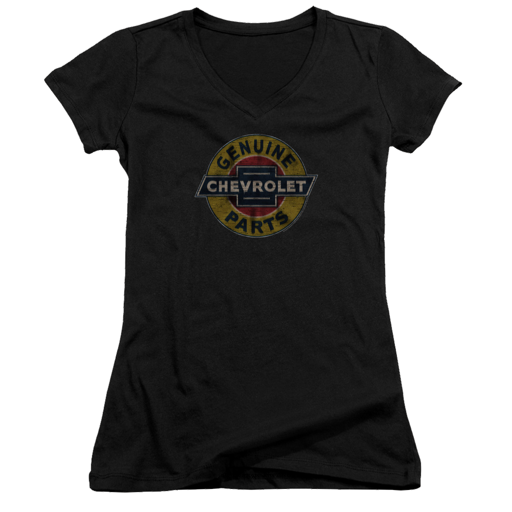 Chevrolet Genuine Chevy Parts Distressed Sign - Juniors V-Neck T-Shirt Juniors V-Neck T-Shirt Chevrolet
