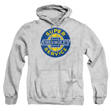 Athletic heather pullover hoodie with Chevrolet Chevy Super Service graphic
