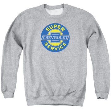 Athletic heather men's crewneck sweatshirt with Chevrolet Chevy Super Service graphic
