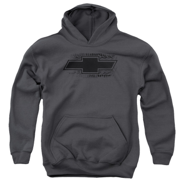 Charcoal youth hoodie for ages 8 to 12 with Chevrolet Bowtie Burnout graphic