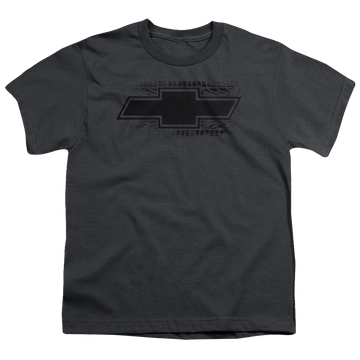 Charcoal youth t-shirt for ages 8 to 12 with Chevrolet Bowtie Burnout graphic