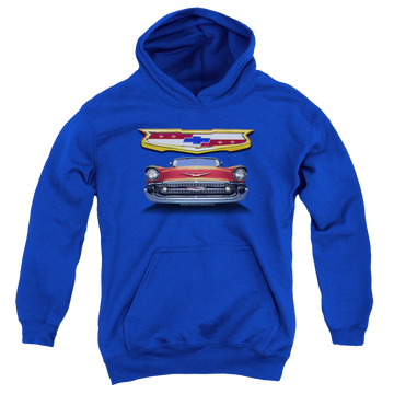 Royal youth hoodie for ages 8 to 12 with Chevrolet 1957 Bel Air Grille graphic