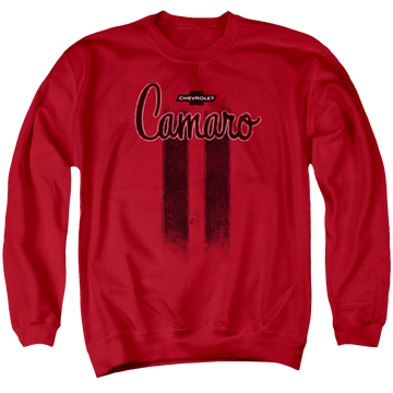 Red men's crewneck sweatshirt with Chevrolet Camaro Stripes graphic
