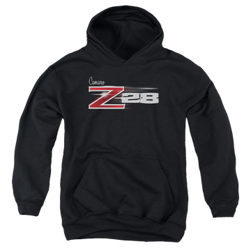 Black youth hoodie for ages 8 to 12 with Chevrolet Z28 Logo graphic