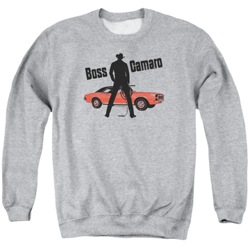Athletic heather men's crewneck sweatshirt with Chevrolet Boss graphic