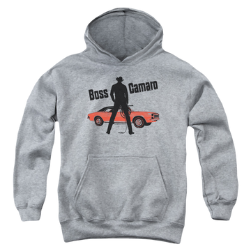 Athletic heather youth hoodie for ages 8 to 12 with Chevrolet Boss graphic