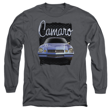 Charcoal men's long sleeve t-shirt with Chevrolet Yellow Camaro graphic