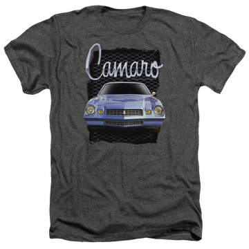 Charcoal men's heather t-shirt with Chevrolet Yellow Camaro graphic