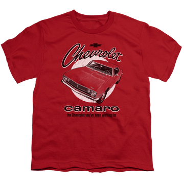 Red youth t-shirt for ages 8 to 12 with Chevrolet Retro Camaro graphic