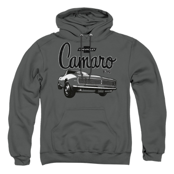 Charcoal pullover hoodie with Chevrolet Script Car graphic
