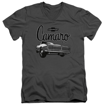 Charcoal men's v-neck t-shirt with Chevrolet Script Car graphic