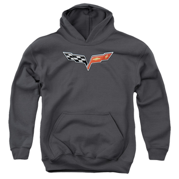 Charcoal youth hoodie for ages 8 to 12 with Chevrolet The Vette Medallion graphic