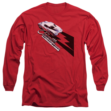 Red men's long sleeve t-shirt with Chevrolet Split Window Sting Ray graphic
