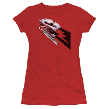 Red juniors t-shirt with Chevrolet Split Window Sting Ray graphic