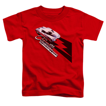 Red kid's t-shirt for ages 4 to 7 with Chevrolet Split Window Sting Ray graphic