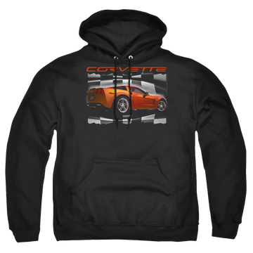 Black pullover hoodie with Chevrolet Orange Z06 Vette graphic