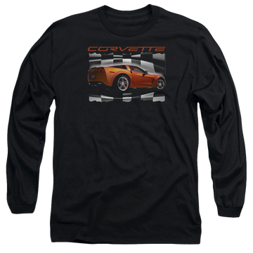 Black men's long sleeve t-shirt with Chevrolet Orange Z06 Vette graphic