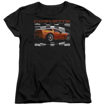 Black women's t-shirt with Chevrolet Orange Z06 Vette graphic