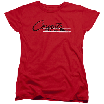 Red women's t-shirt with Chevrolet Retro Stingray graphic