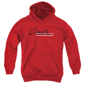 Red youth hoodie for ages 8 to 12 with Chevrolet Retro Stingray graphic