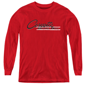 Red youth long sleeve t-shirt with Chevrolet Retro Stingray graphic
