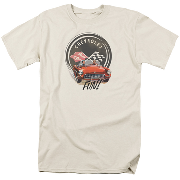 Cream men's regular fit t-shirt with Chevrolet Vette Fun graphic