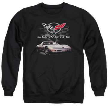 Black men's crewneck sweatshirt with Chevrolet Checkered Past graphic