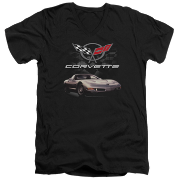 Black men's v-neck t-shirt with Chevrolet Checkered Past graphic