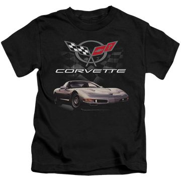 Black kid's t-shirt for ages 4 to 7 with Chevrolet Checkered Past graphic