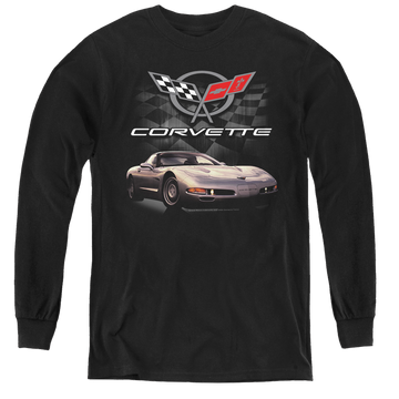 Black youth long sleeve t-shirt with Chevrolet Checkered Past graphic