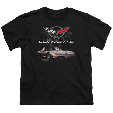 Black youth t-shirt for ages 8 to 12 with Chevrolet Checkered Past graphic