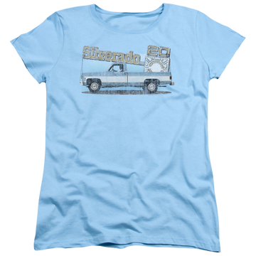Light blue women's t-shirt with Chevrolet Old Silverado Sketch graphic