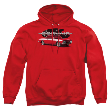 Red pullover hoodie with Chevrolet 65 Corvair Mona Spyda Coupe graphic