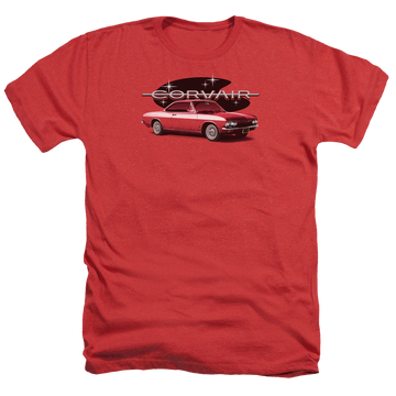 Red men's heather t-shirt with Chevrolet 65 Corvair Mona Spyda Coupe graphic